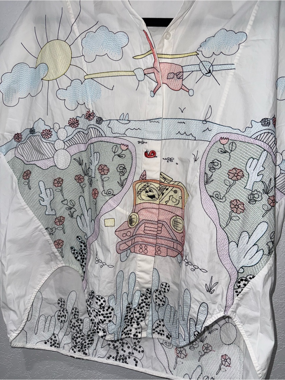 Eisle White Embroidered Desert Landscape Oversized Button Down Shirt - Picture 4 of 13